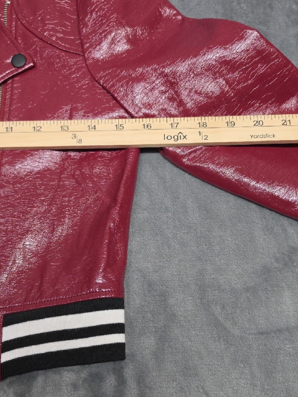 BCBGeneration XXS Glossy Burgundy Vegan Leather Bomber Jacket with Striped Cuffs - Picture 5 of 9